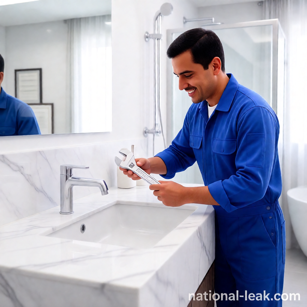 تركيب حنفيات بالرياض من الفضل — سباك يركّب خلاط حمام جروهي حديث في حمام عصري