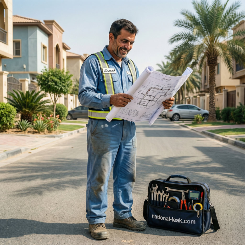 سباك بالرياض من الفضل يفحص مخطط سباكة في فيلا سعودية — خدمة سباكة احترافية لجميع أحياء الرياض