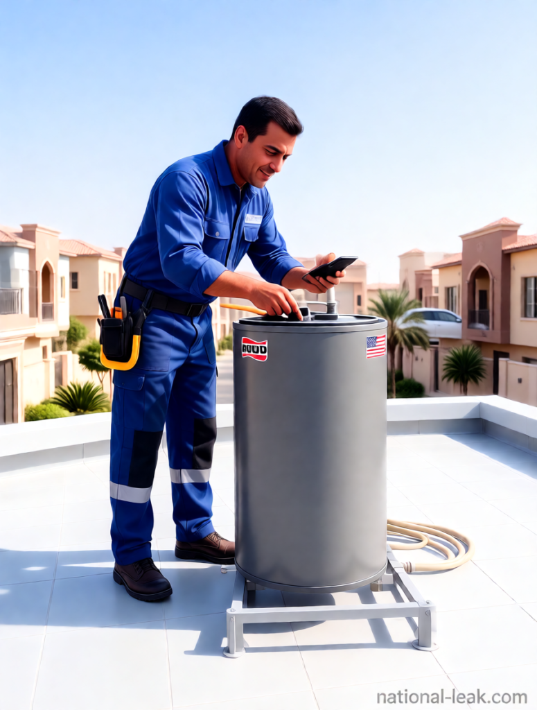 صيانة سخان مركزي بالرياض من الفضل — فني متخصص يفحص نظام تسخين في سطح فيلا بالرياض